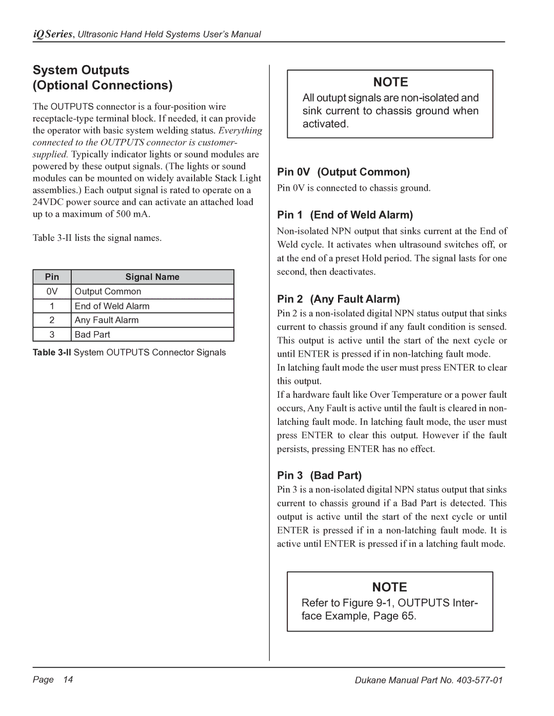 Dukane iQ Series System Outputs Optional Connections, Pin 0V Output Common, Pin 1 End of Weld Alarm, Pin 2 Any Fault Alarm 