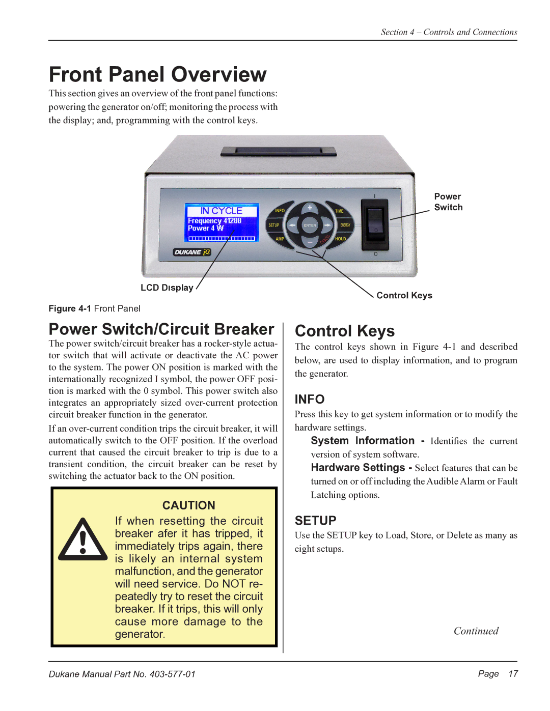 Dukane iQ Series user manual Front Panel Overview, Power Switch/Circuit Breaker, Control Keys 