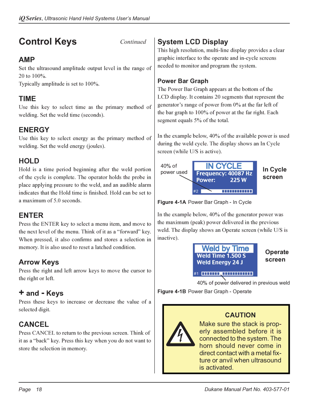 Dukane iQ Series user manual Arrow Keys, + and Keys, System LCD Display, Power Bar Graph 