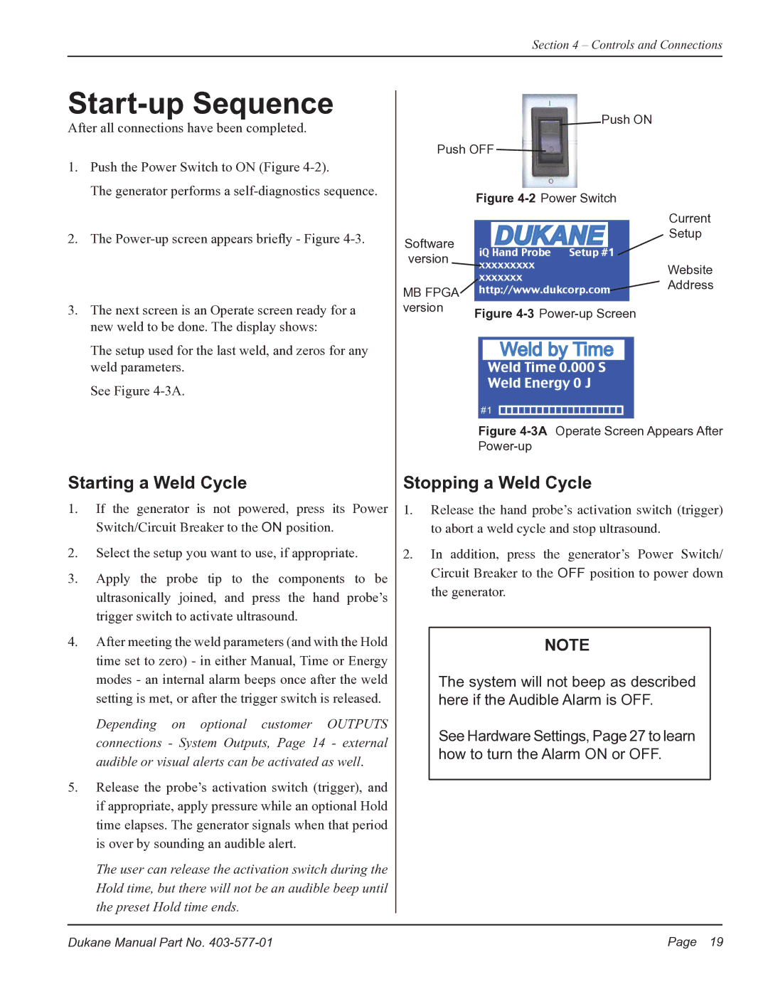 Dukane iQ Series user manual Start-up Sequence, Starting a Weld Cycle, Stopping a Weld Cycle 