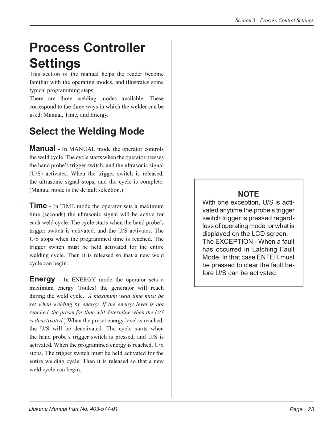 Dukane iQ Series user manual Process Controller Settings, Select the Welding Mode 