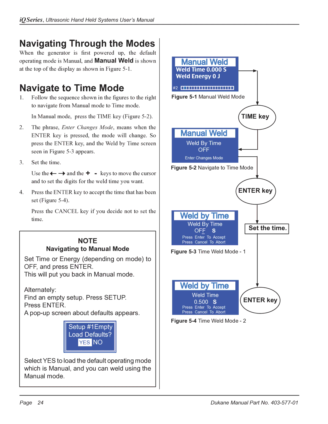 Dukane iQ Series Navigating Through the Modes, Navigate to Time Mode, Navigating to Manual Mode, Time key, Enter key 