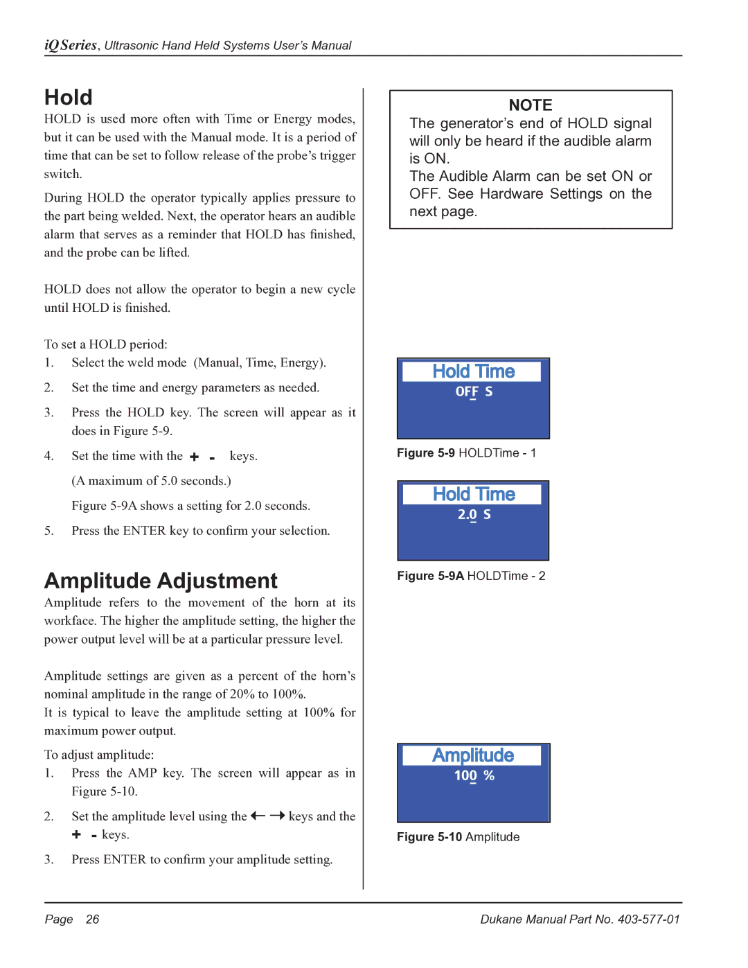 Dukane iQ Series user manual Hold, Amplitude Adjustment 