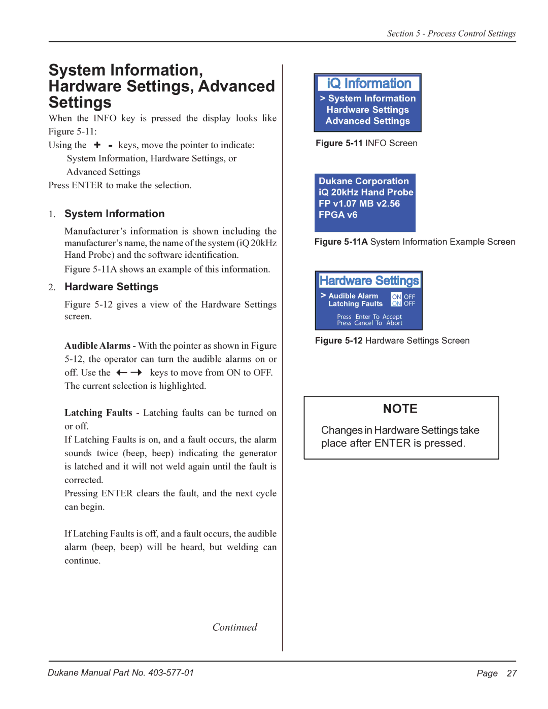 Dukane iQ Series user manual System Information Hardware Settings, Advanced 