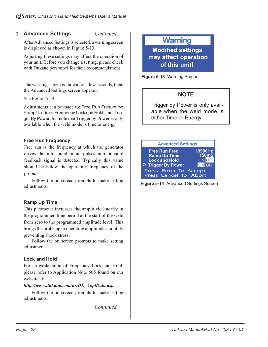 Dukane iQ Series user manual Advanced Settings, Free Run Frequency 