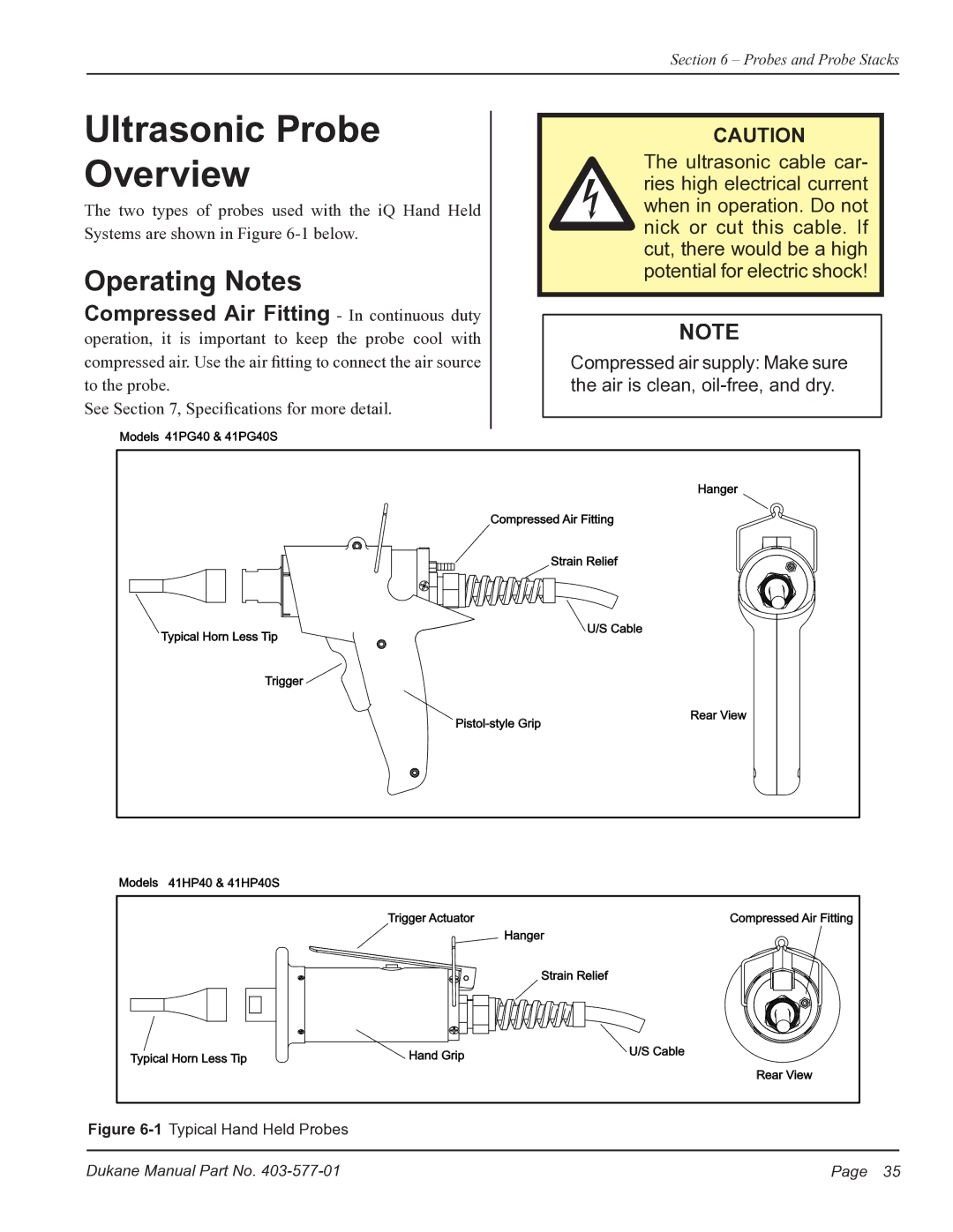 Dukane iQ Series user manual Ultrasonic Probe Overview, Operating Notes, Compressed Air Fitting In continuous duty 