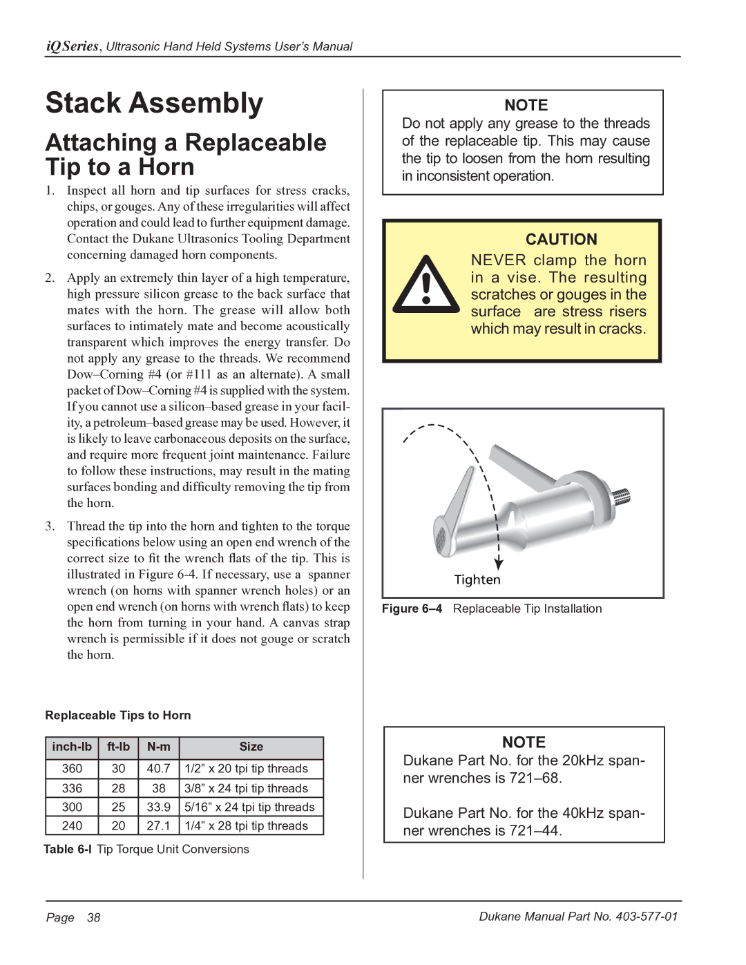 Dukane iQ Series user manual Stack Assembly, Attaching a Replaceable Tip to a Horn 