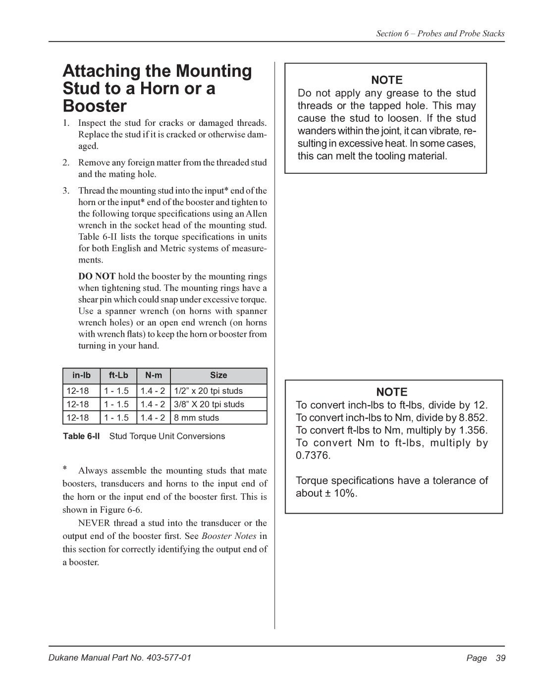 Dukane iQ Series user manual Attaching the Mounting Stud to a Horn or a Booster 