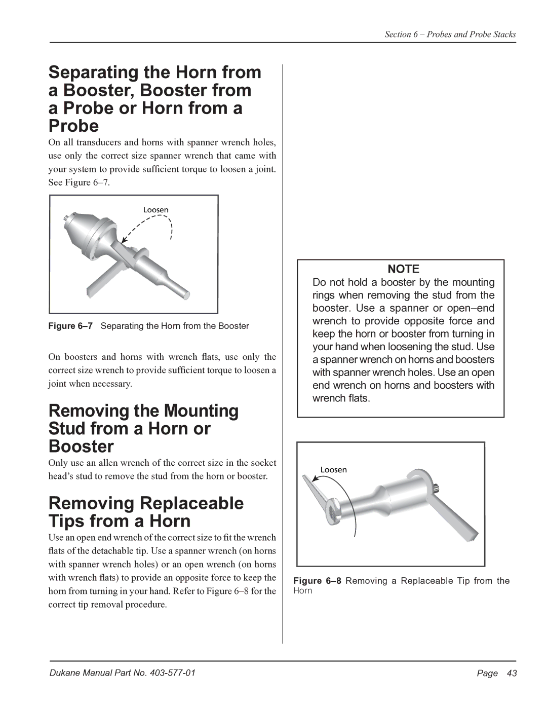 Dukane iQ Series user manual Removing the Mounting Stud from a Horn or Booster 