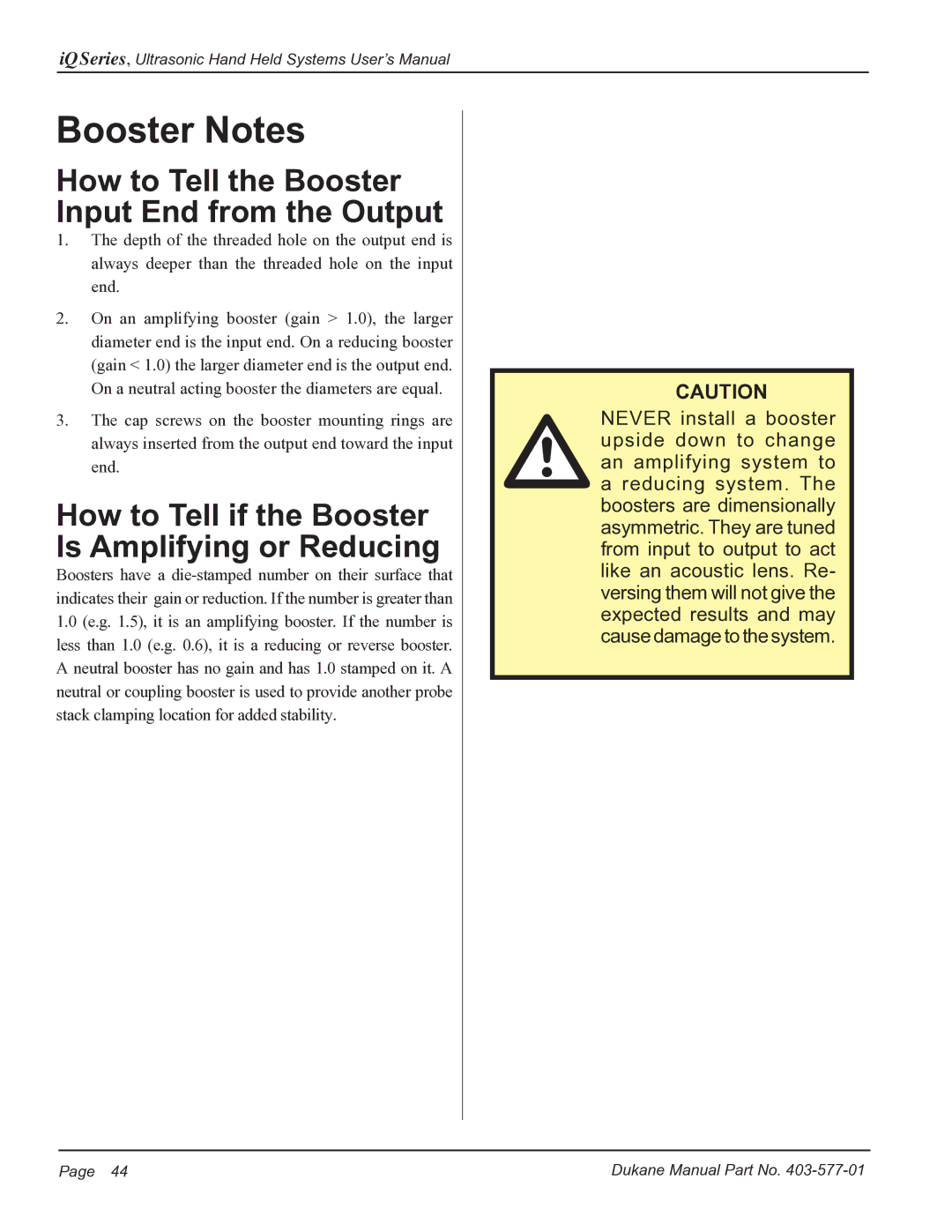 Dukane iQ Series user manual Booster Notes, How to Tell the Booster Input End from the Output 