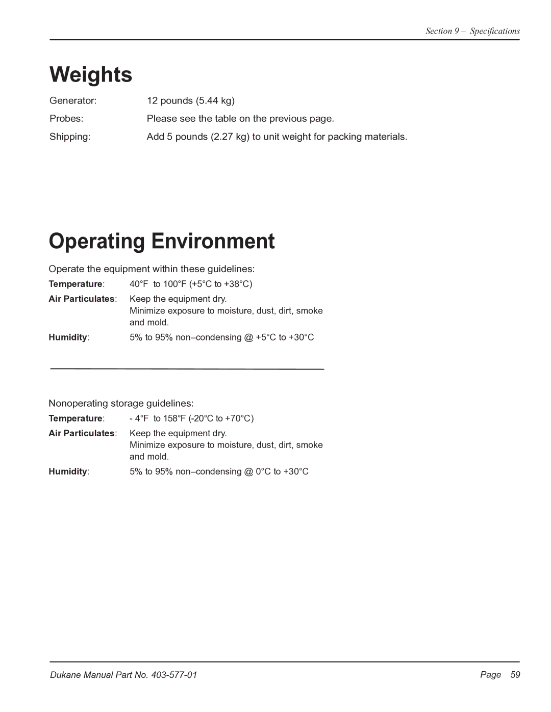 Dukane iQ Series user manual Weights, Operating Environment 