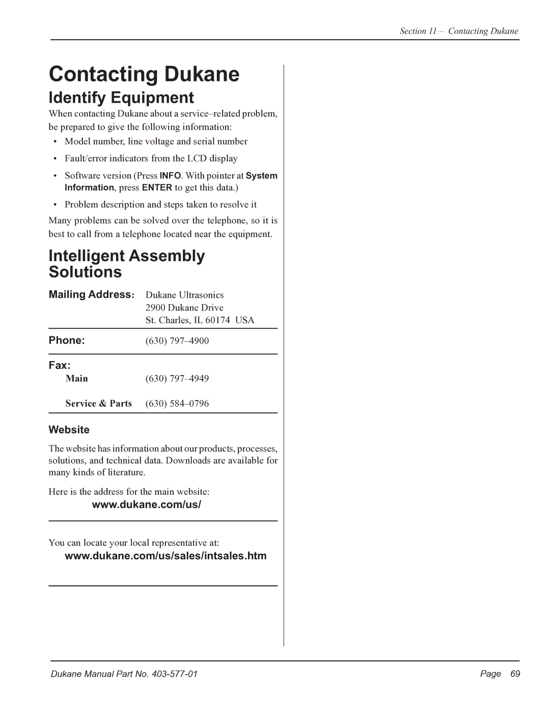 Dukane iQ Series user manual Contacting Dukane, Identify Equipment, Intelligent Assembly Solutions 