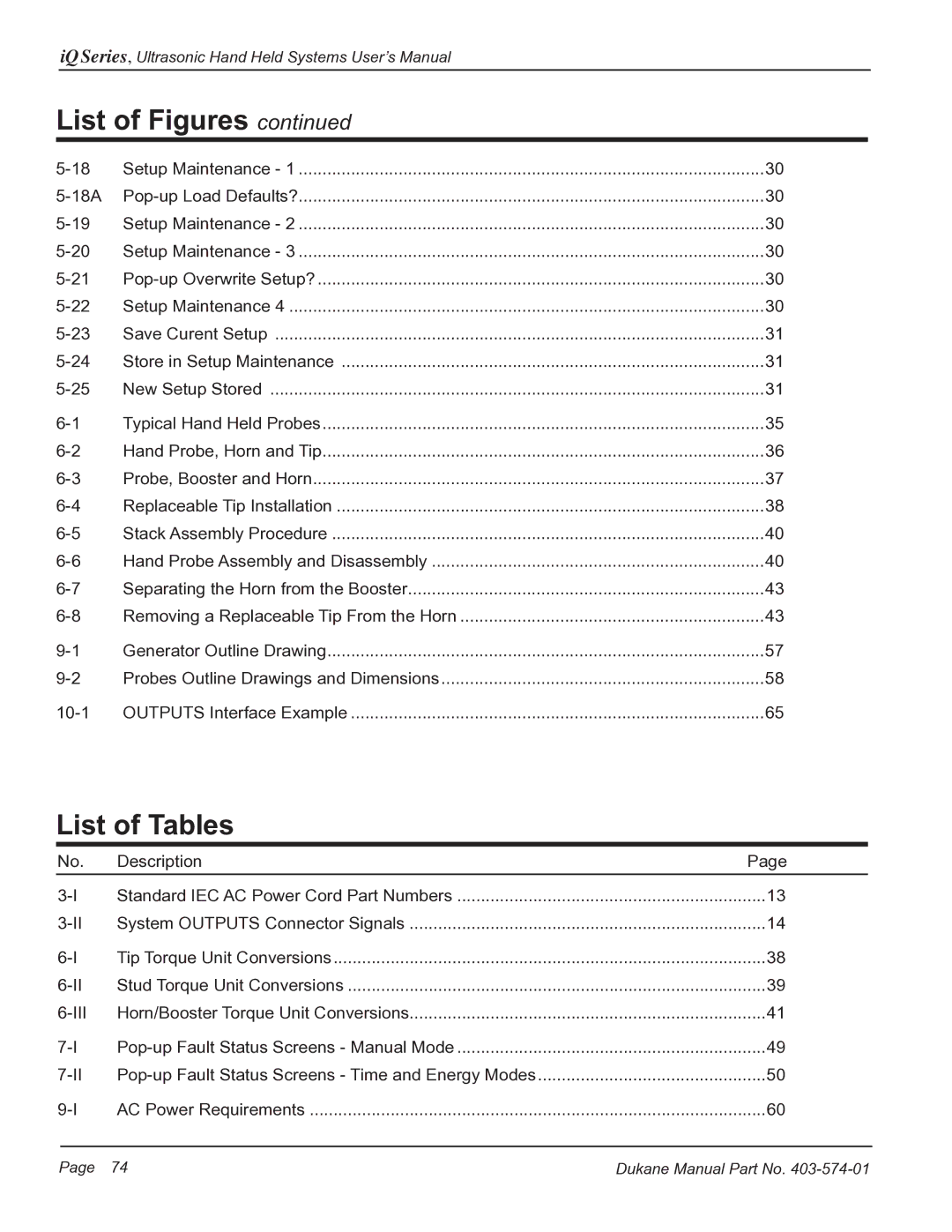 Dukane iQ Series user manual List of Tables, Description 