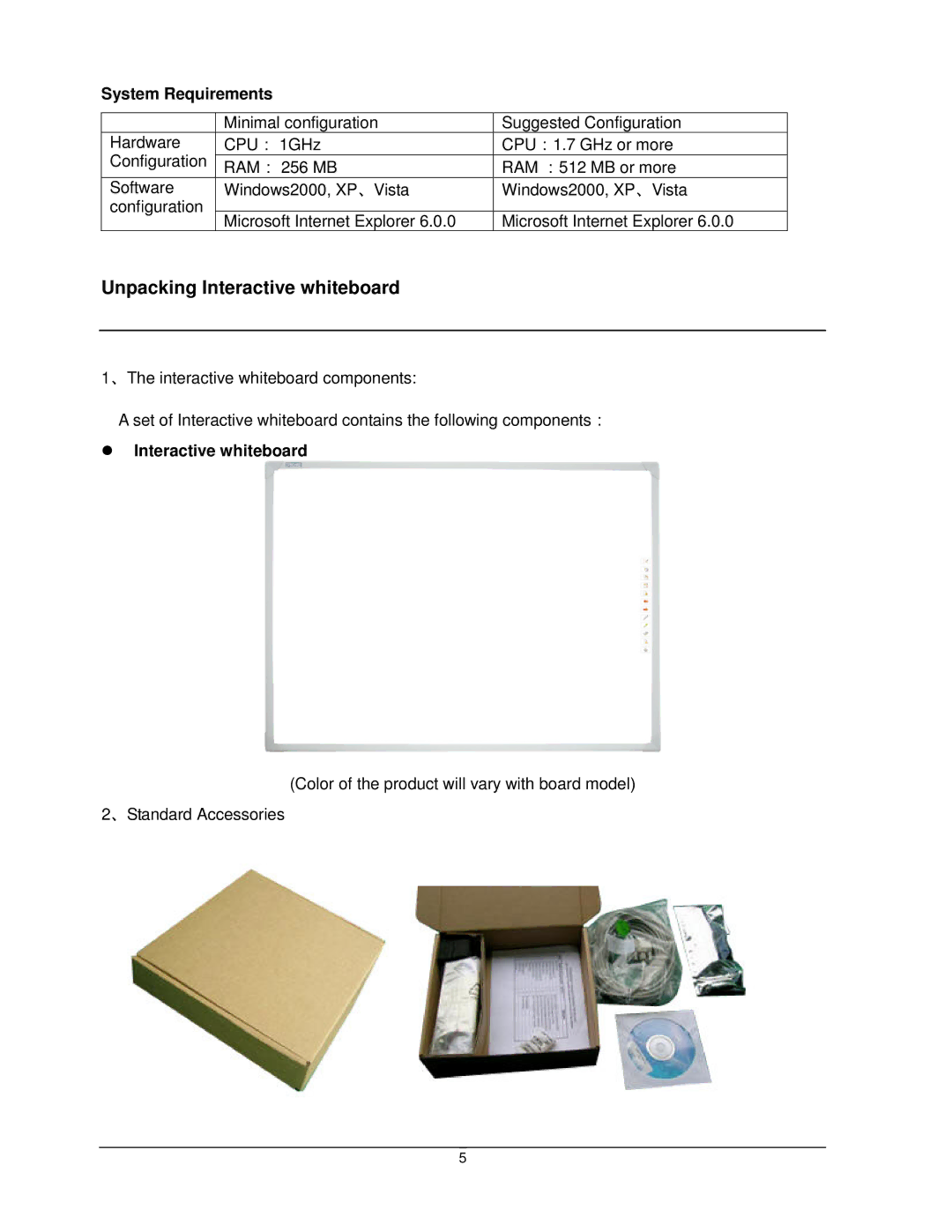 Dukane LB77HA manual Unpacking Interactive whiteboard, System Requirements 