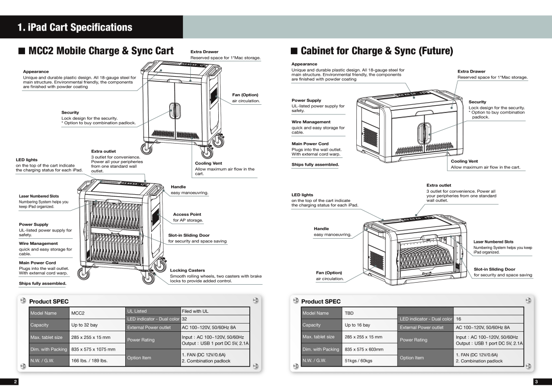 Dukane manual iPad Cart Specifications, MCC2 Mobile Charge & Sync Cart, Cabinet for Charge & Sync Future, Product SPEC 