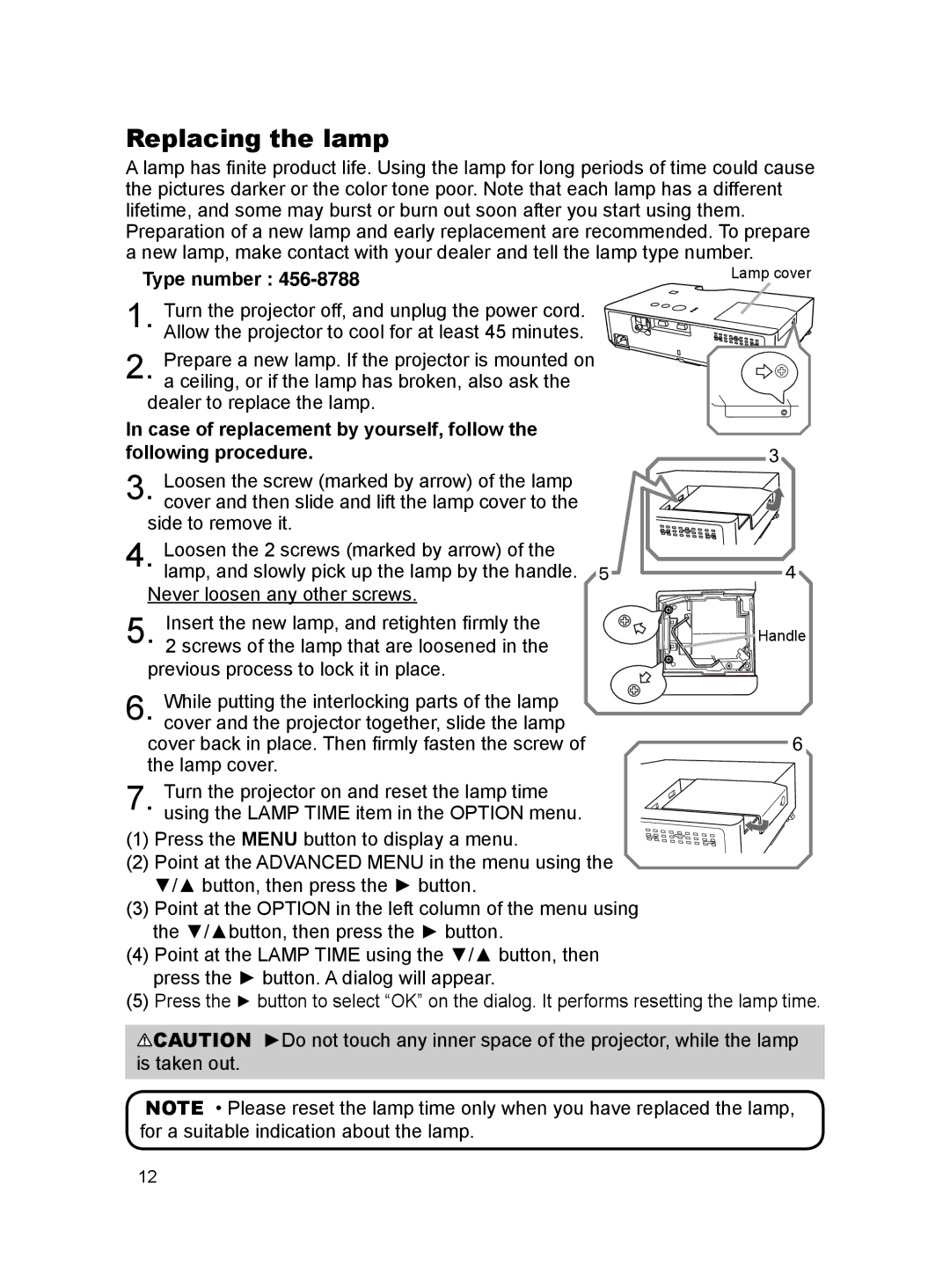 Dukane MODEL 8788 user manual Replacing the lamp, Type number 