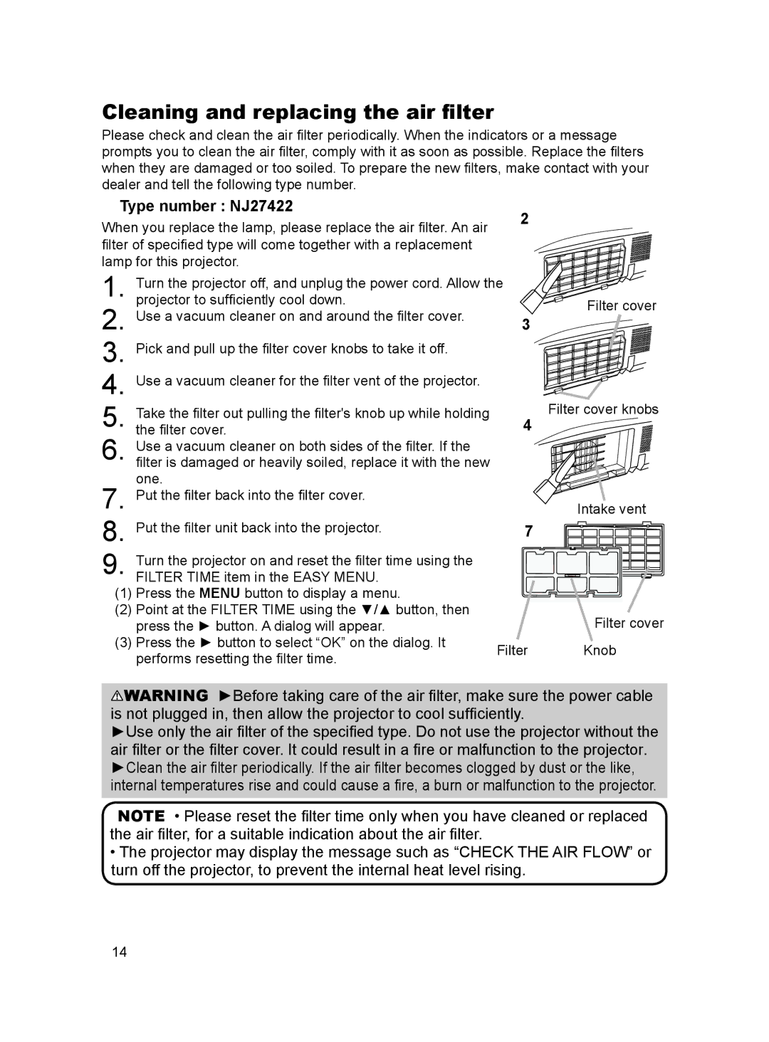 Dukane MODEL 8788 user manual Cleaning and replacing the air ﬁlter, Type number NJ27422 