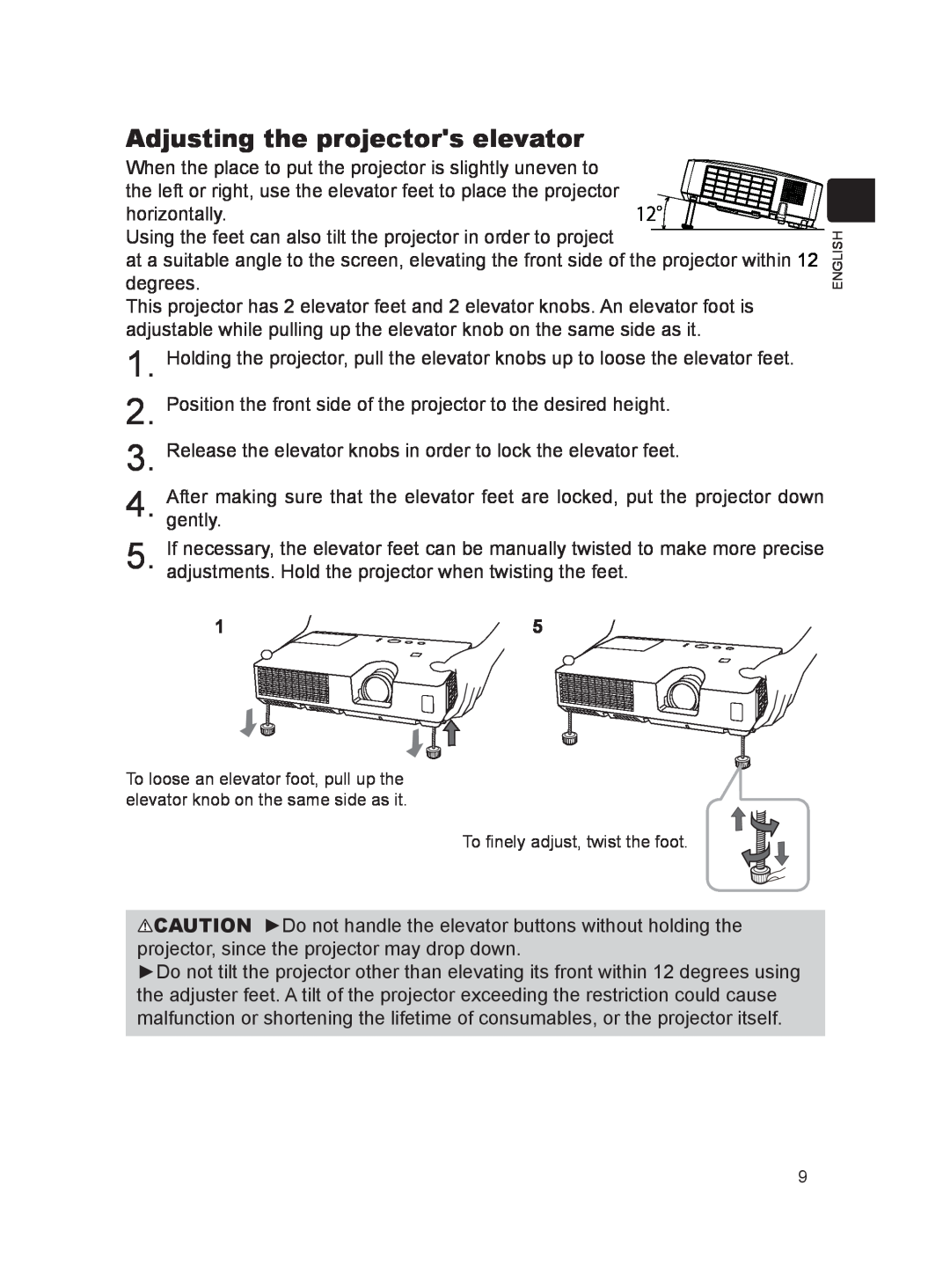 Dukane MODEL 8788 user manual Adjusting the projectors elevator 