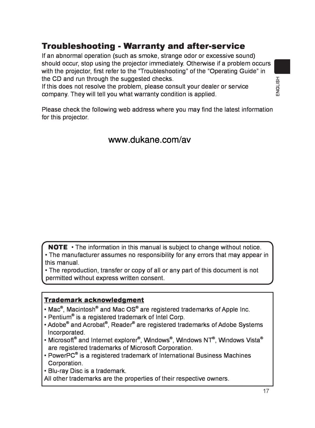 Dukane MODEL 8788 user manual Troubleshooting - Warranty and after-service, Trademark acknowledgment 