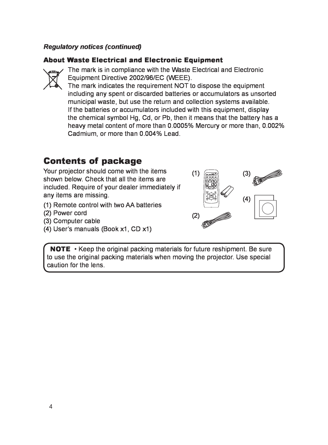 Dukane MODEL 8788 Contents of package, Regulatory notices continued, About Waste Electrical and Electronic Equipment 