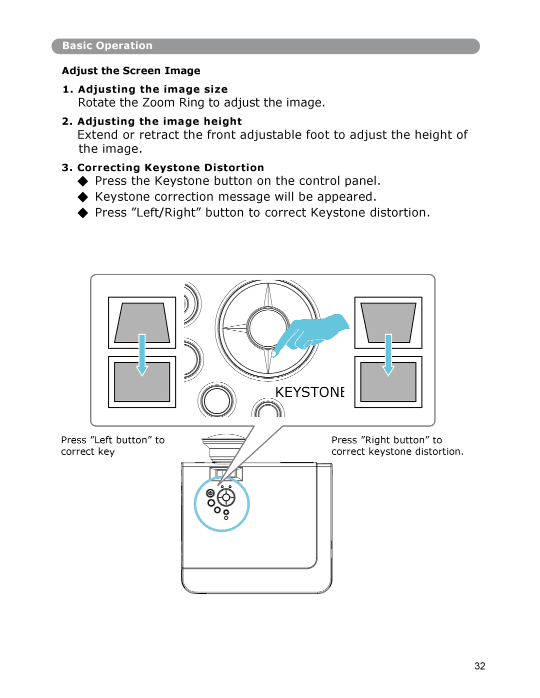 Dukane None Adjust the Screen Image Adjusting the image size, Adjusting the image height, Correcting Keystone Distortion 