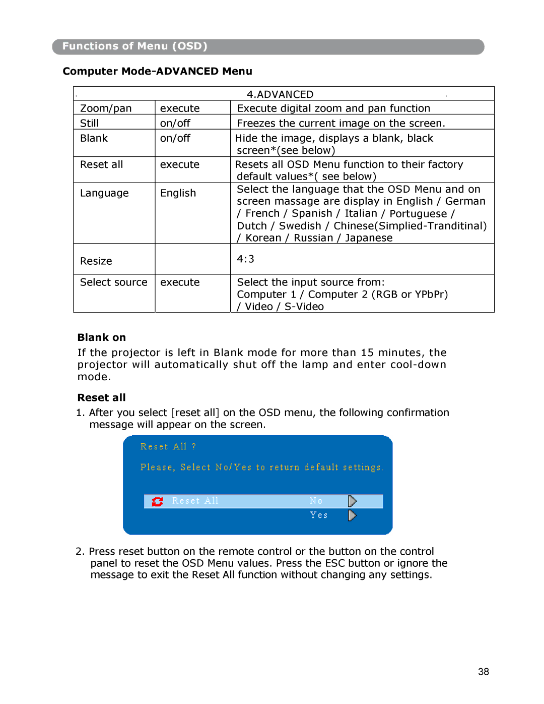 Dukane None owner manual Blank on, Reset all 