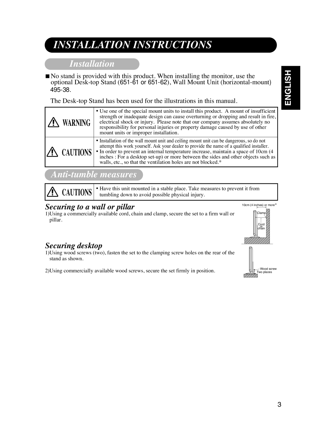 Dukane P42 user manual Installation Instructions, Anti-tumble measures, Securing to a wall or pillar, Securing desktop 