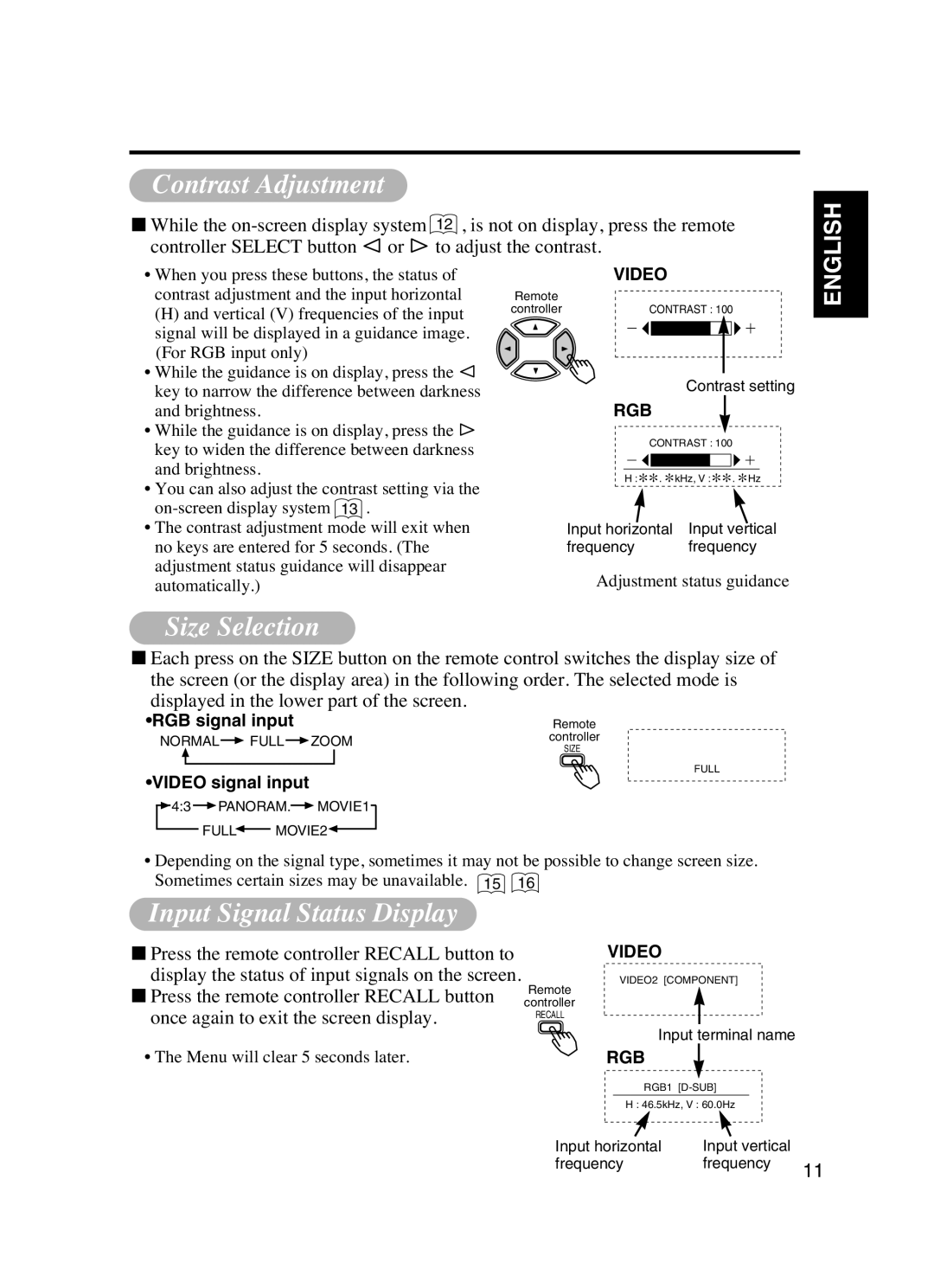 Dukane P42 Contrast Adjustment, Size Selection, Input Signal Status Display, RGB signal input, Video signal input 