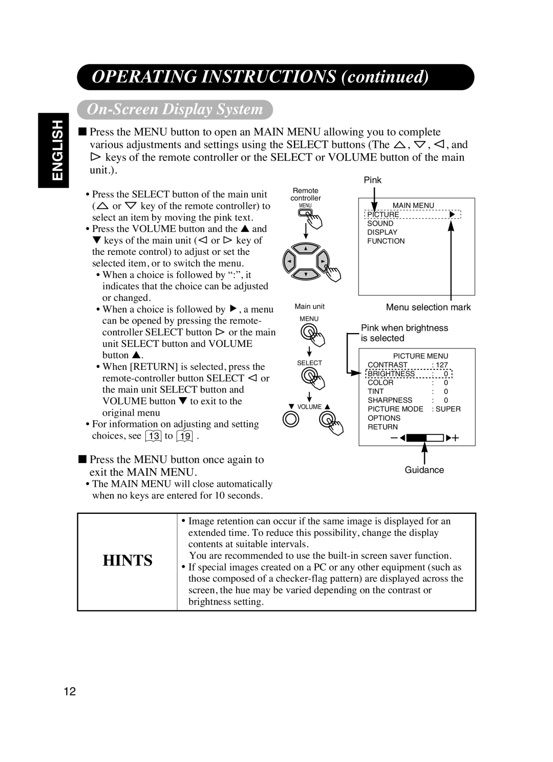 Dukane P42 user manual On-Screen Display System, Menu selection mark Pink when brightness is selected, Guidance 