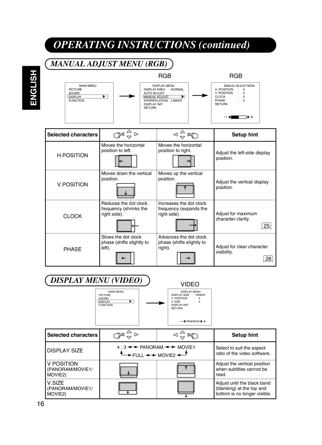 Dukane P42 user manual Manual Adjust Menu RGB, Display Menu Video 