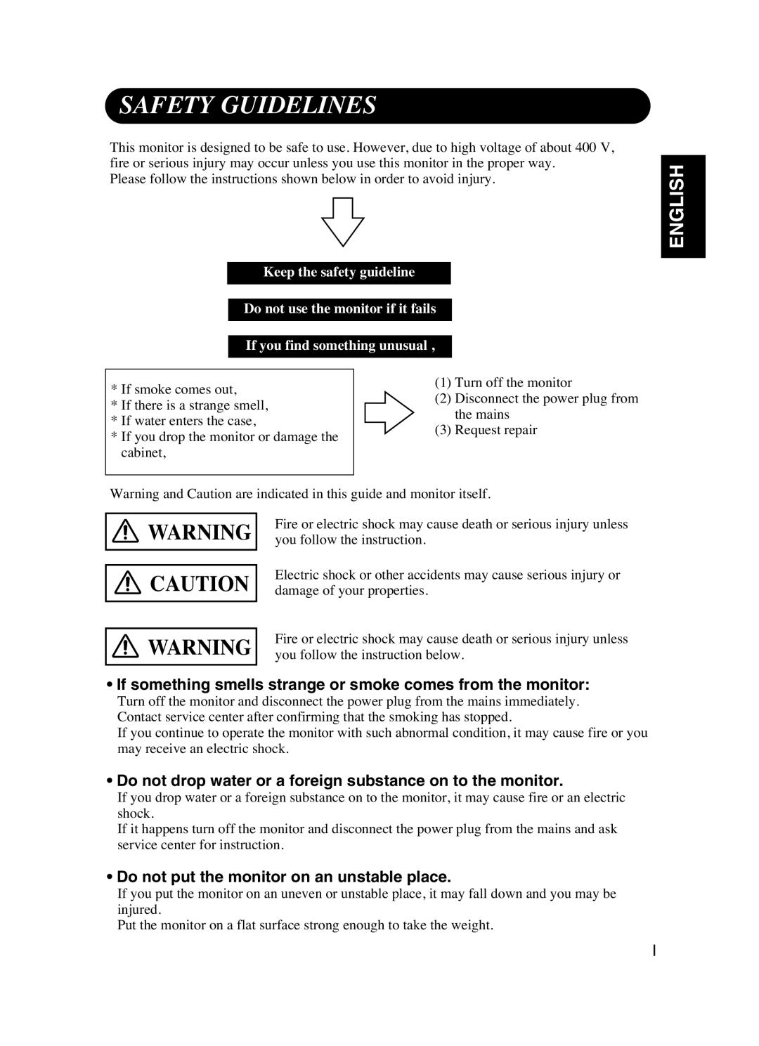 Dukane P42 user manual Safety Guidelines, If something smells strange or smoke comes from the monitor 