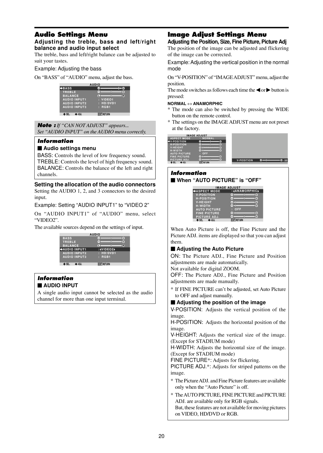 Dukane P42A Audio Settings Menu, Image Adjust Settings Menu, Setting the allocation of the audio connectors, Audio Input 