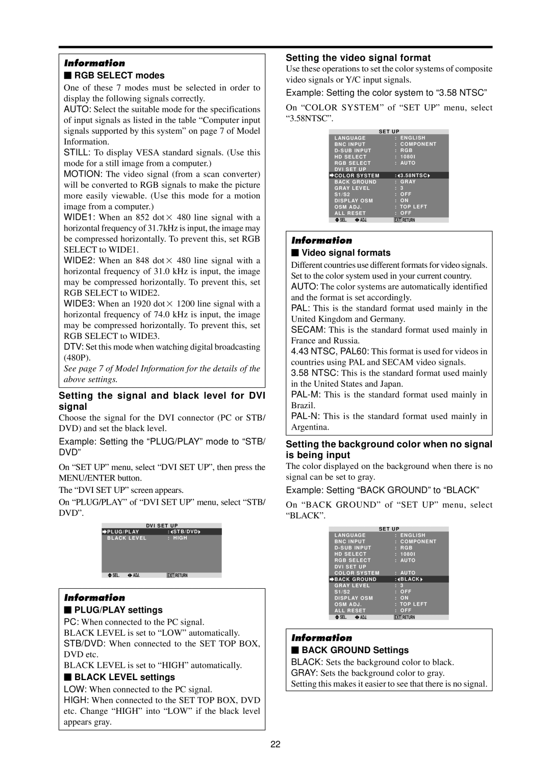 Dukane P42A specifications Setting the signal and black level for DVI signal, Setting the video signal format 