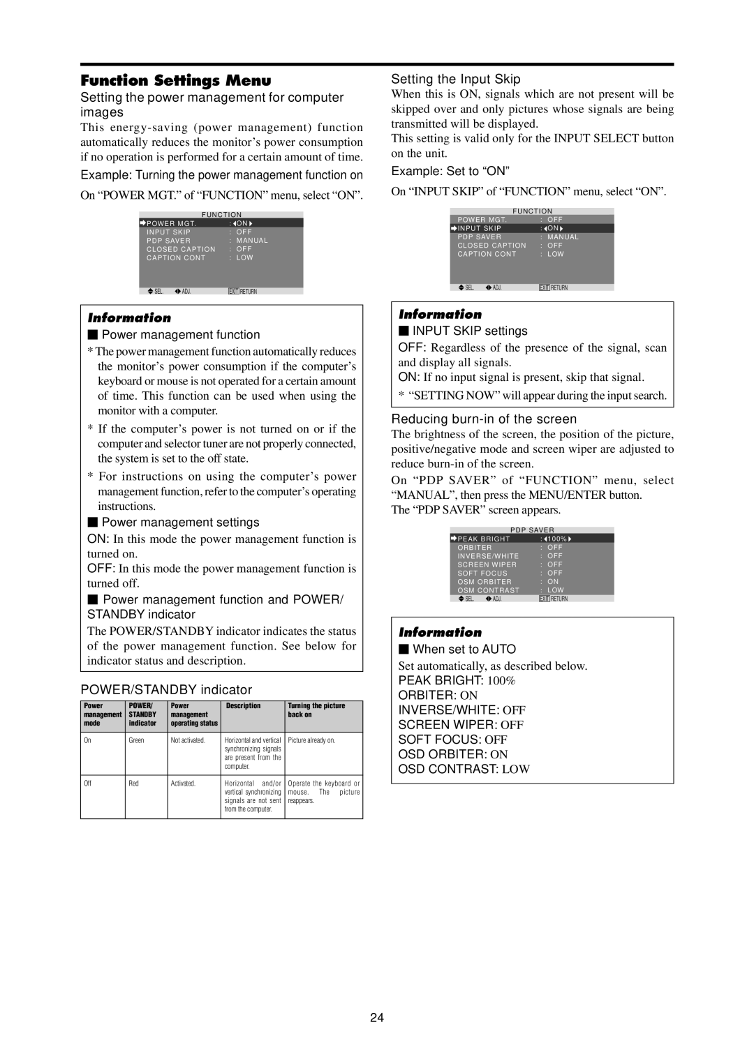 Dukane P42A Function Settings Menu, Setting the power management for computer images, POWER/STANDBY indicator 