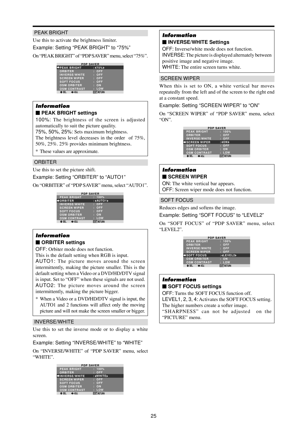 Dukane P42A Peak Bright settings, Orbiter settings, INVERSE/WHITE Settings, Screen Wiper, Soft Focus settings 