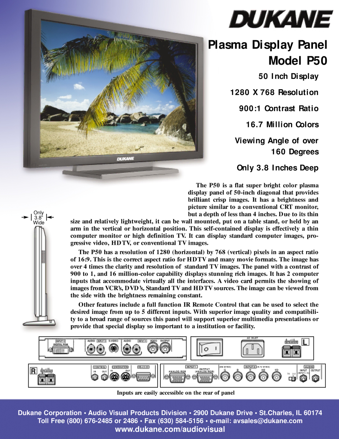 Dukane manual Plasma Display Panel Model P50, Only 3.8 Inches Deep 