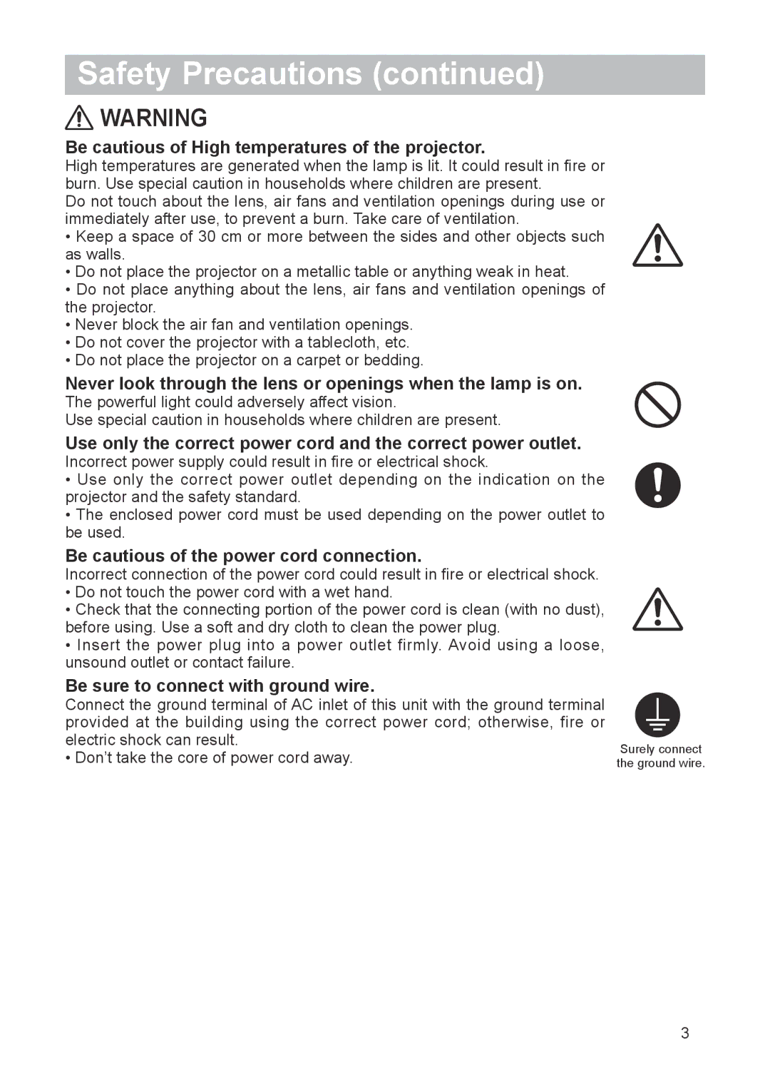 Dukane Projector 8788 Be cautious of High temperatures of the projector, Be cautious of the power cord connection 