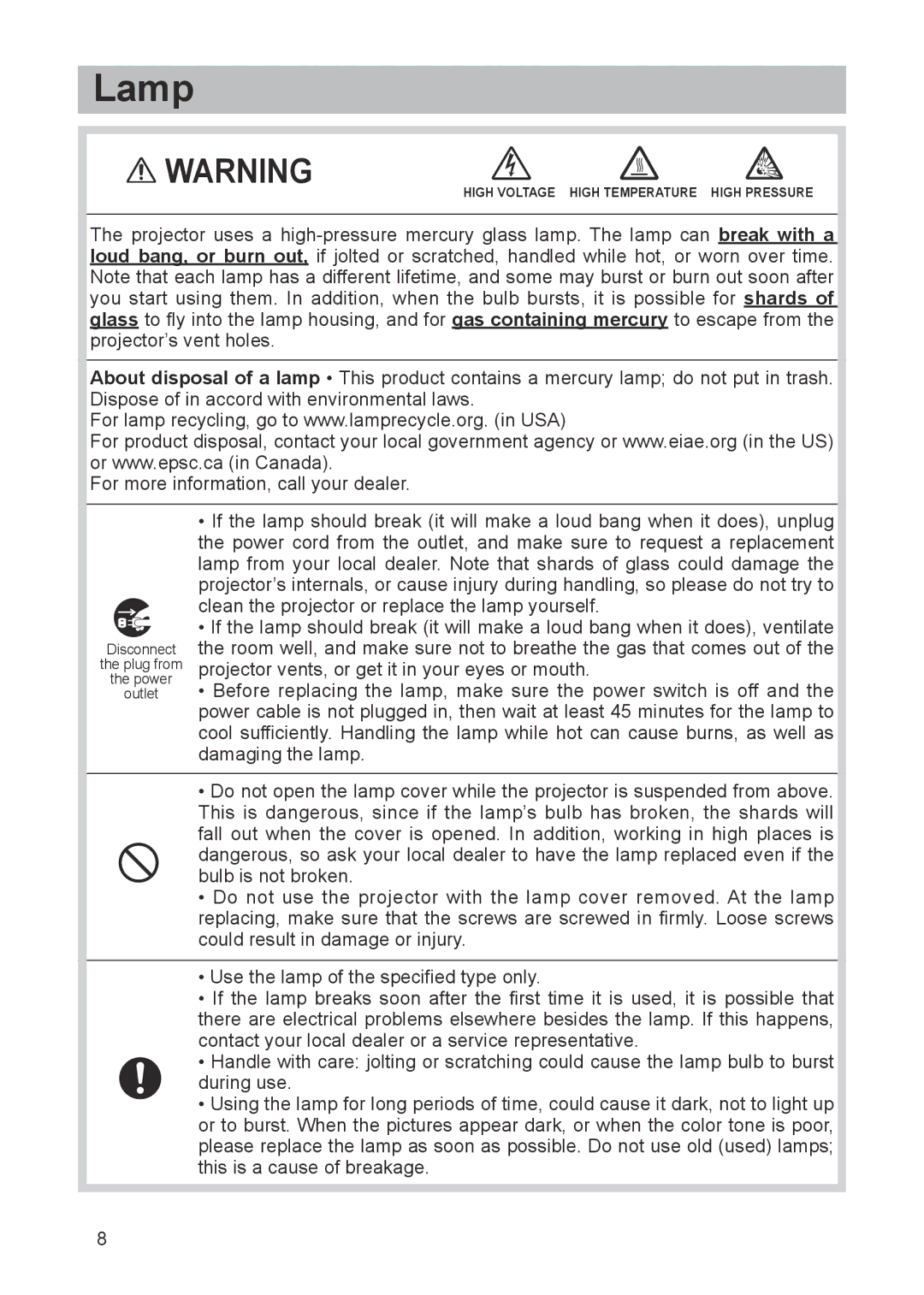 Dukane Projector 8788 user manual Lamp 