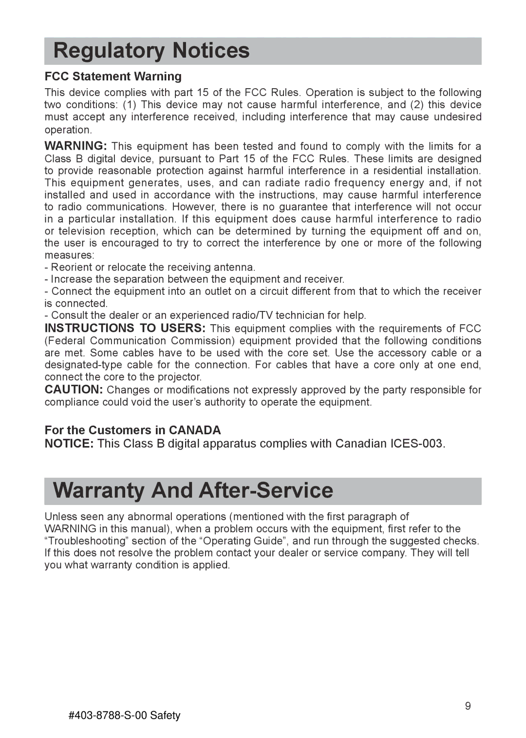 Dukane Projector 8788 Regulatory Notices, Warranty And After-Service, FCC Statement Warning, For the Customers in Canada 