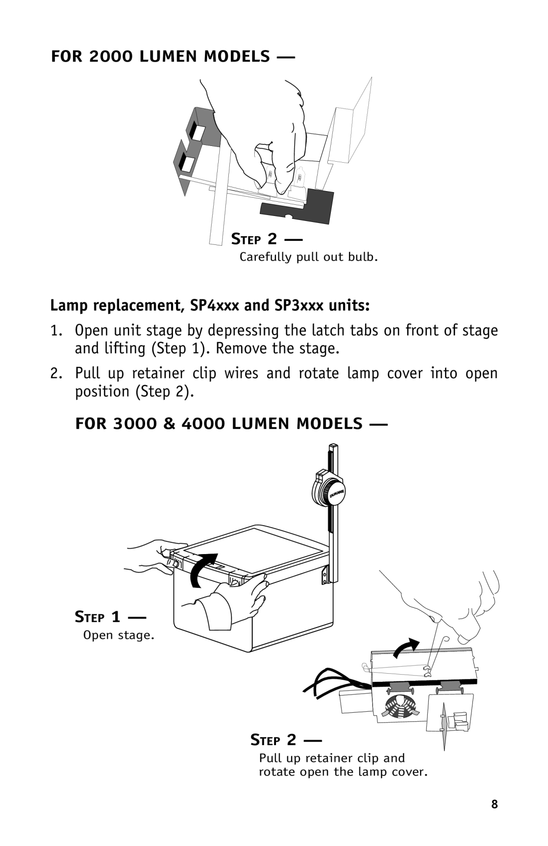 Dukane Projectors manual Lamp replacement, SP4xxx and SP3xxx units, For 3000 & 4000 Lumen Models Step 