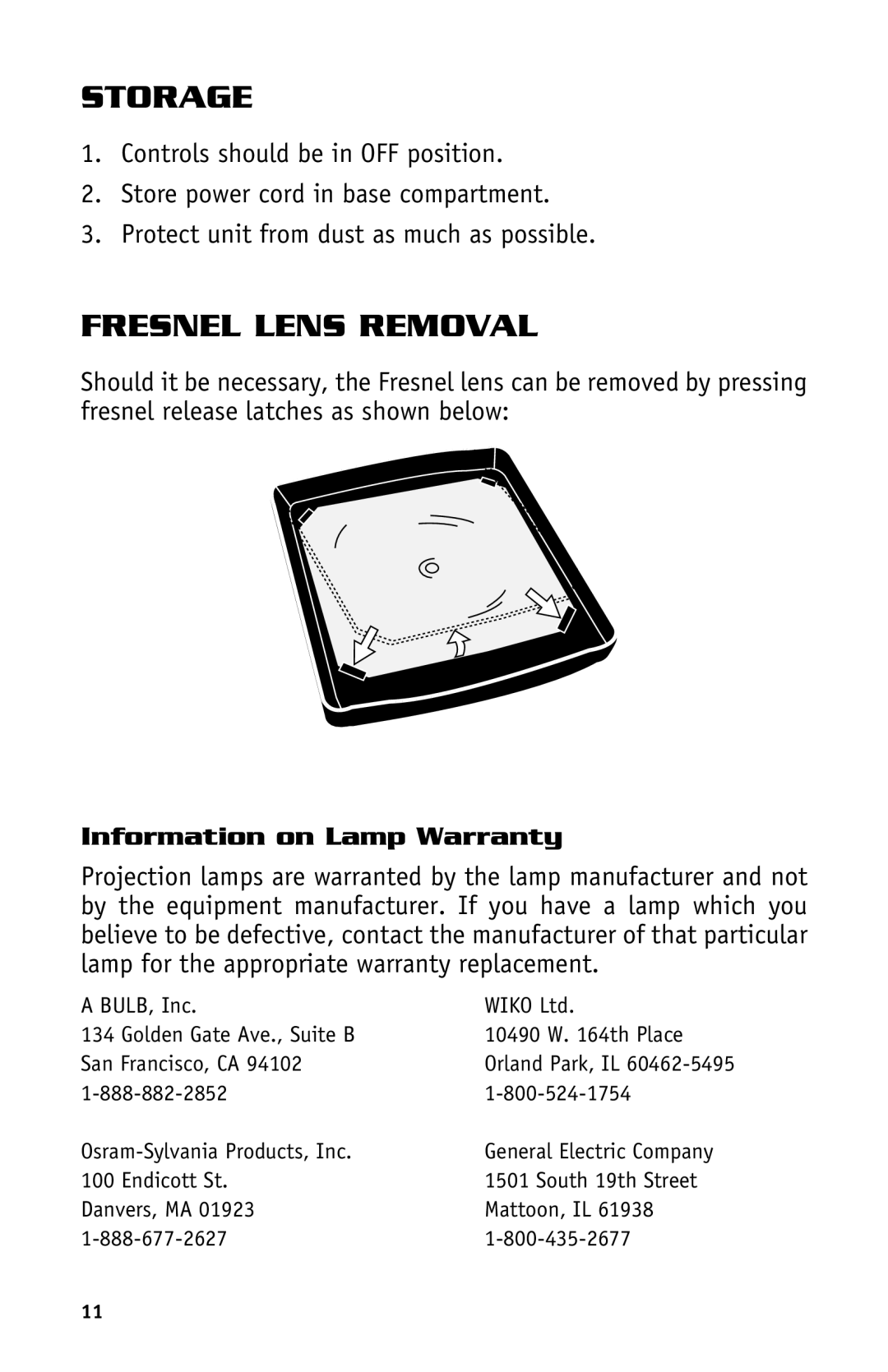 Dukane Projectors manual Storage, Fresnel Lens Removal, Information on Lamp Warranty 