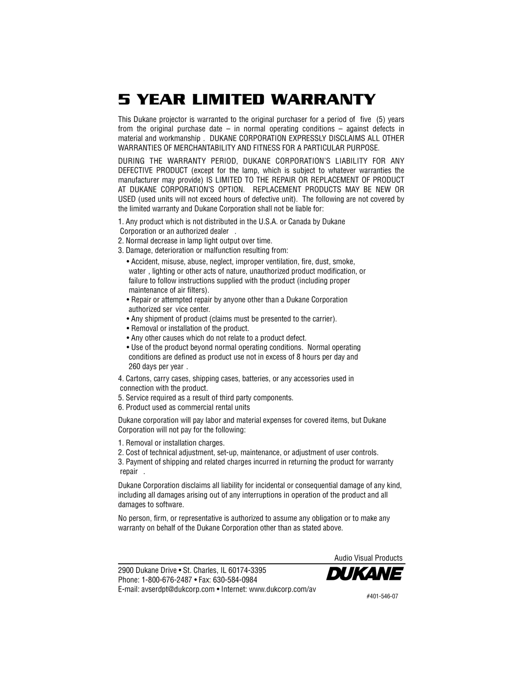 Dukane Projectors manual Year Limited Warranty 