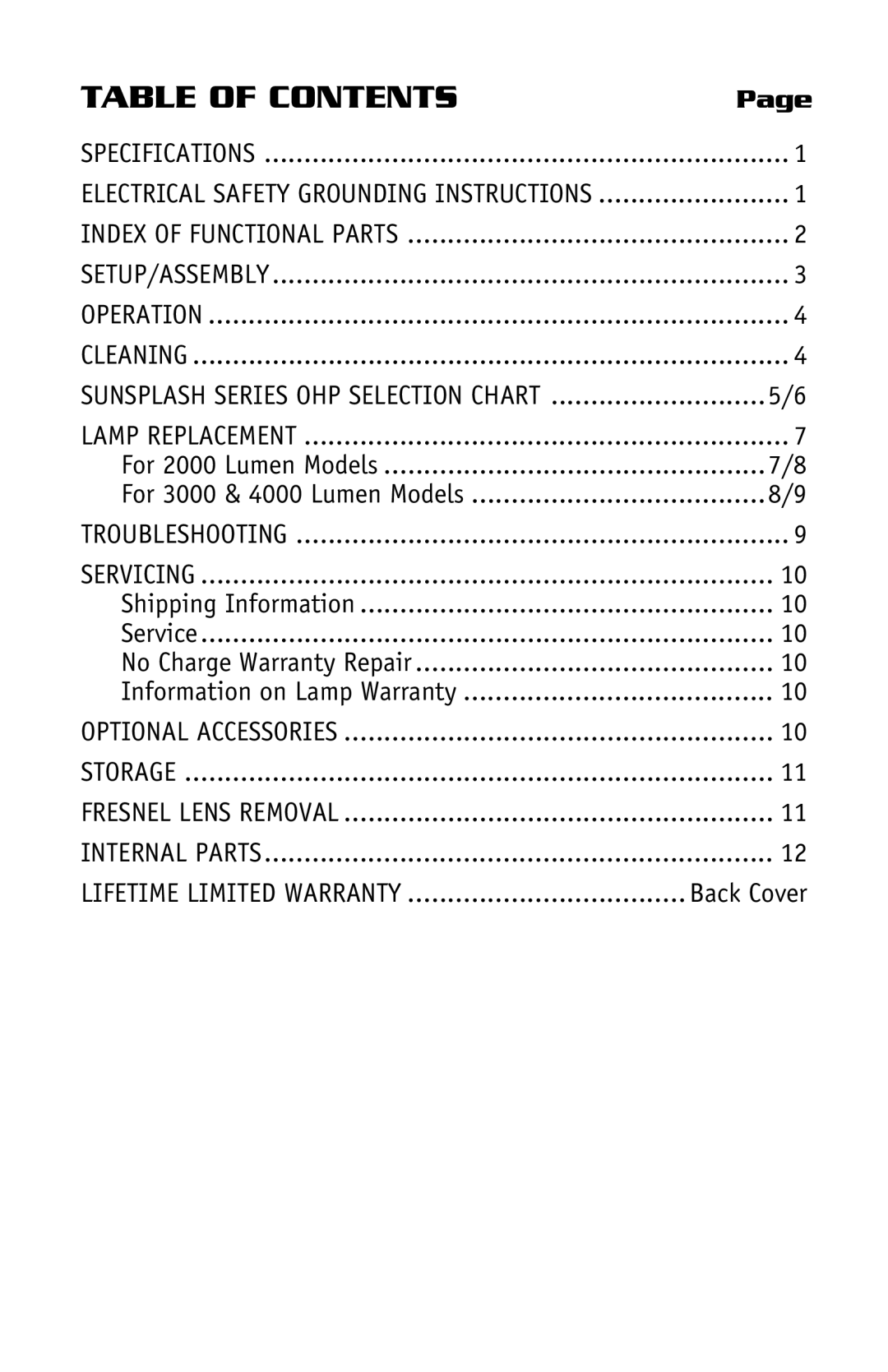 Dukane Projectors manual Table of Contents 