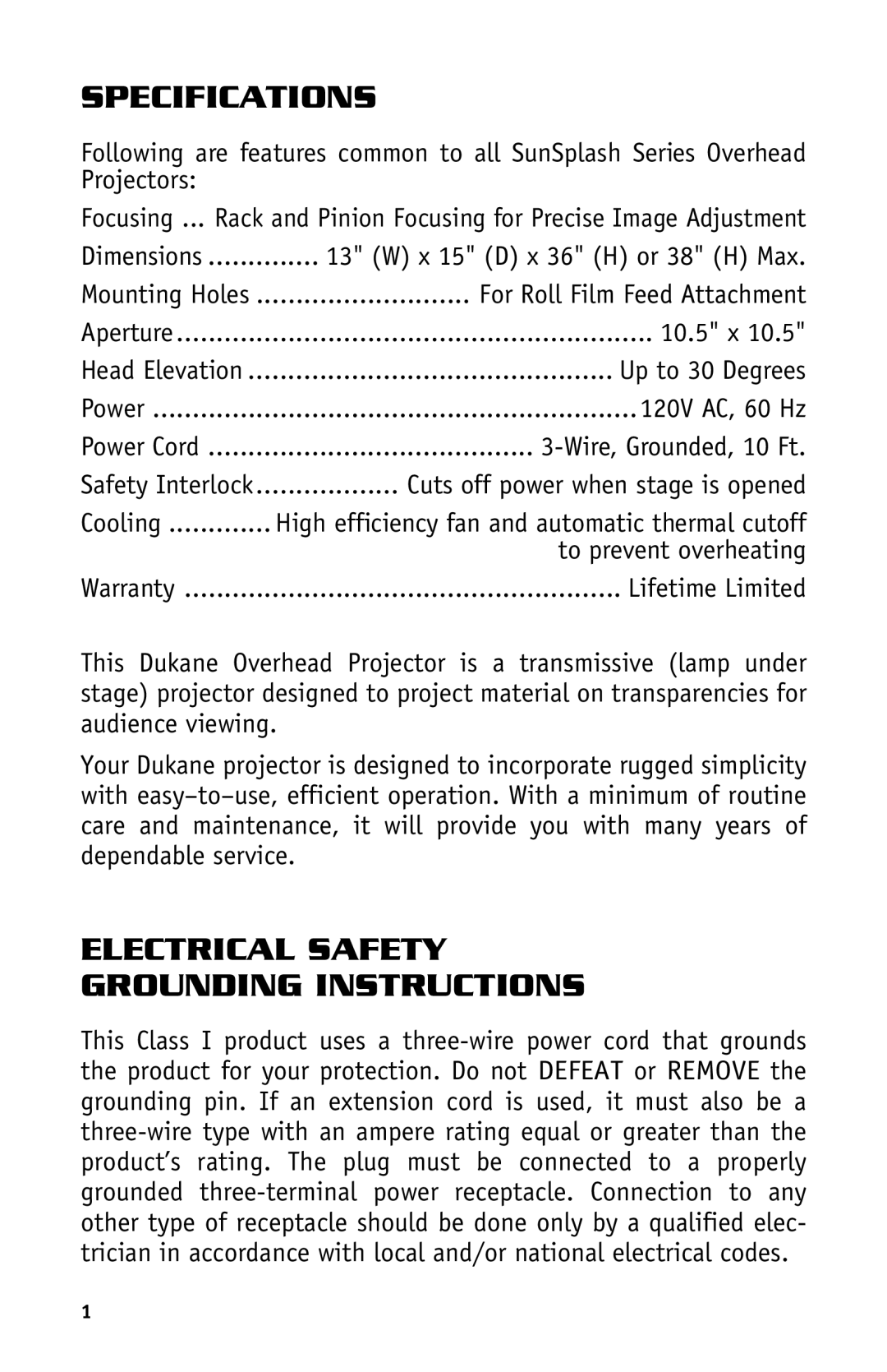 Dukane Projectors manual Specifications, Electrical Safety Grounding Instructions 