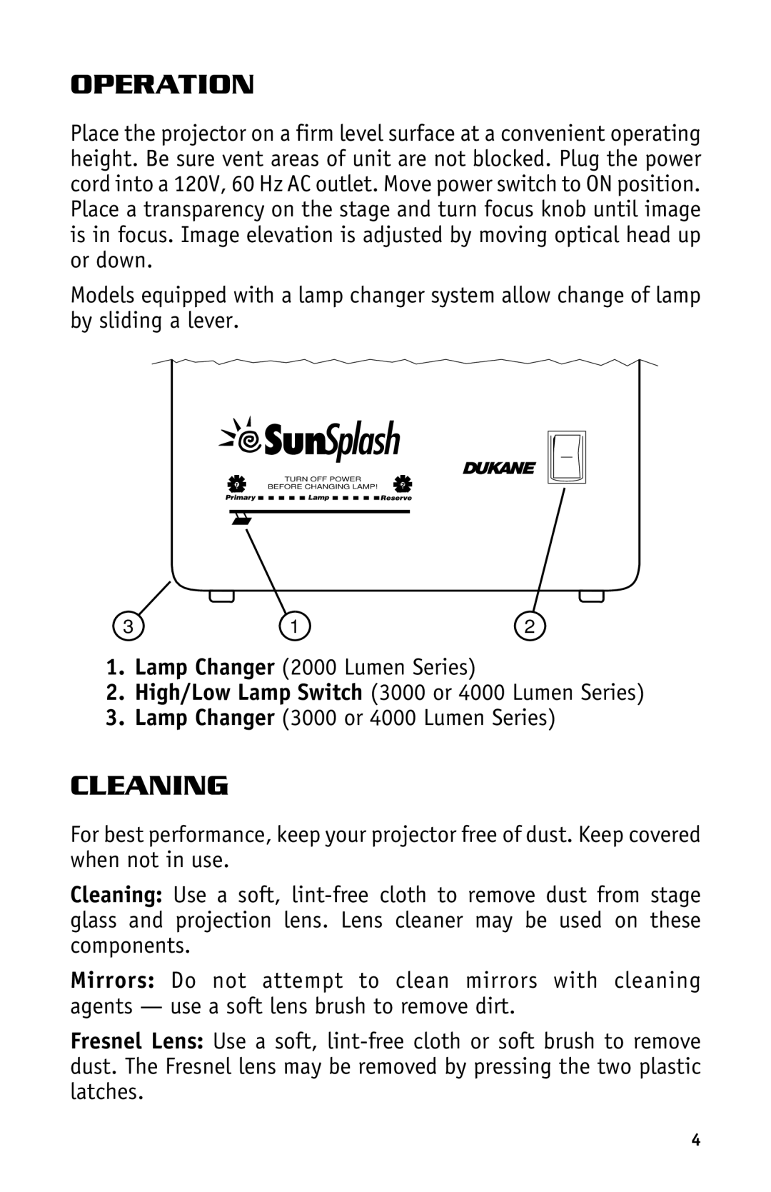 Dukane Projectors manual Operation, Cleaning 