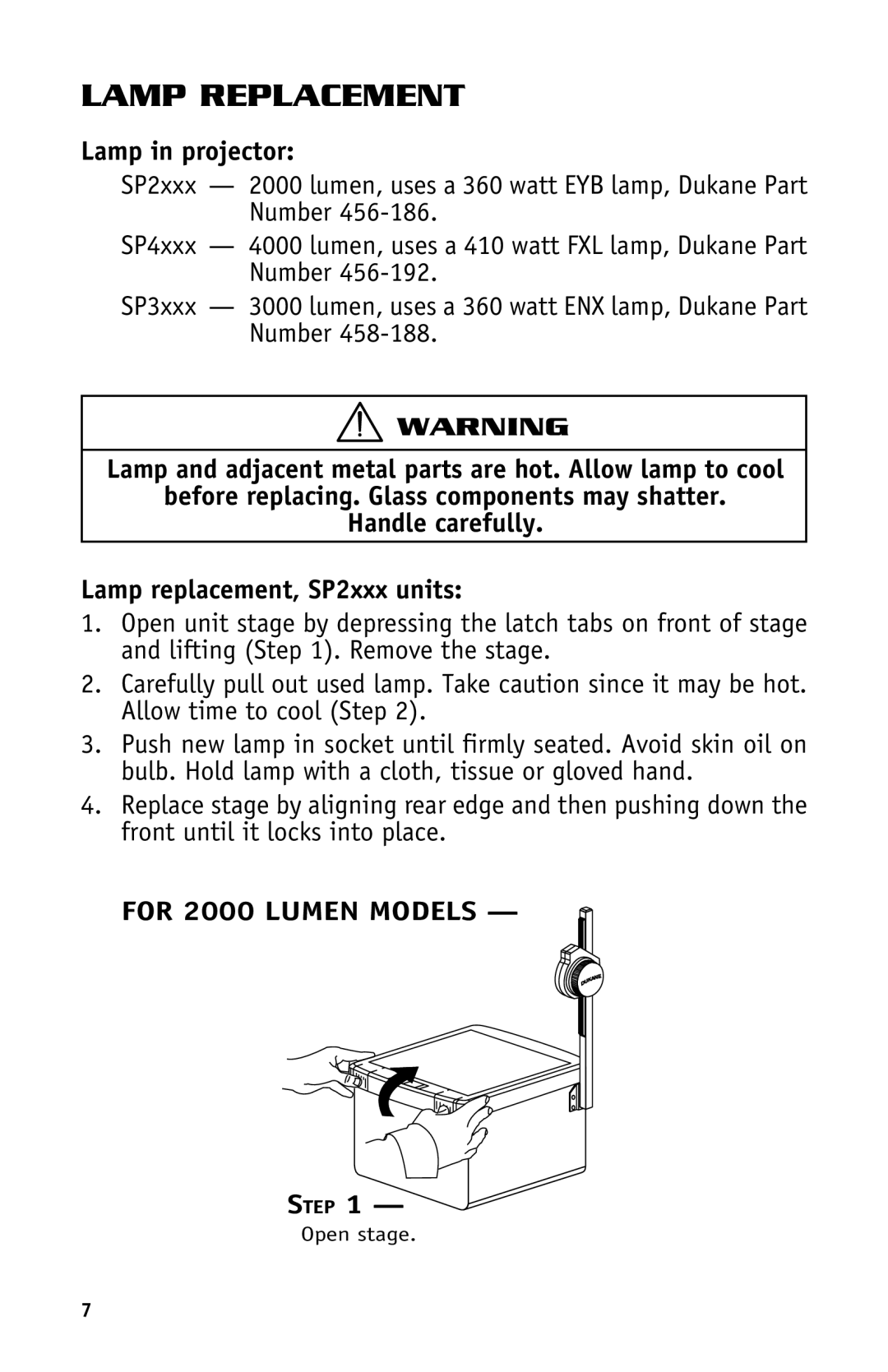 Dukane Projectors manual Lamp Replacement, Lamp in projector, Step 