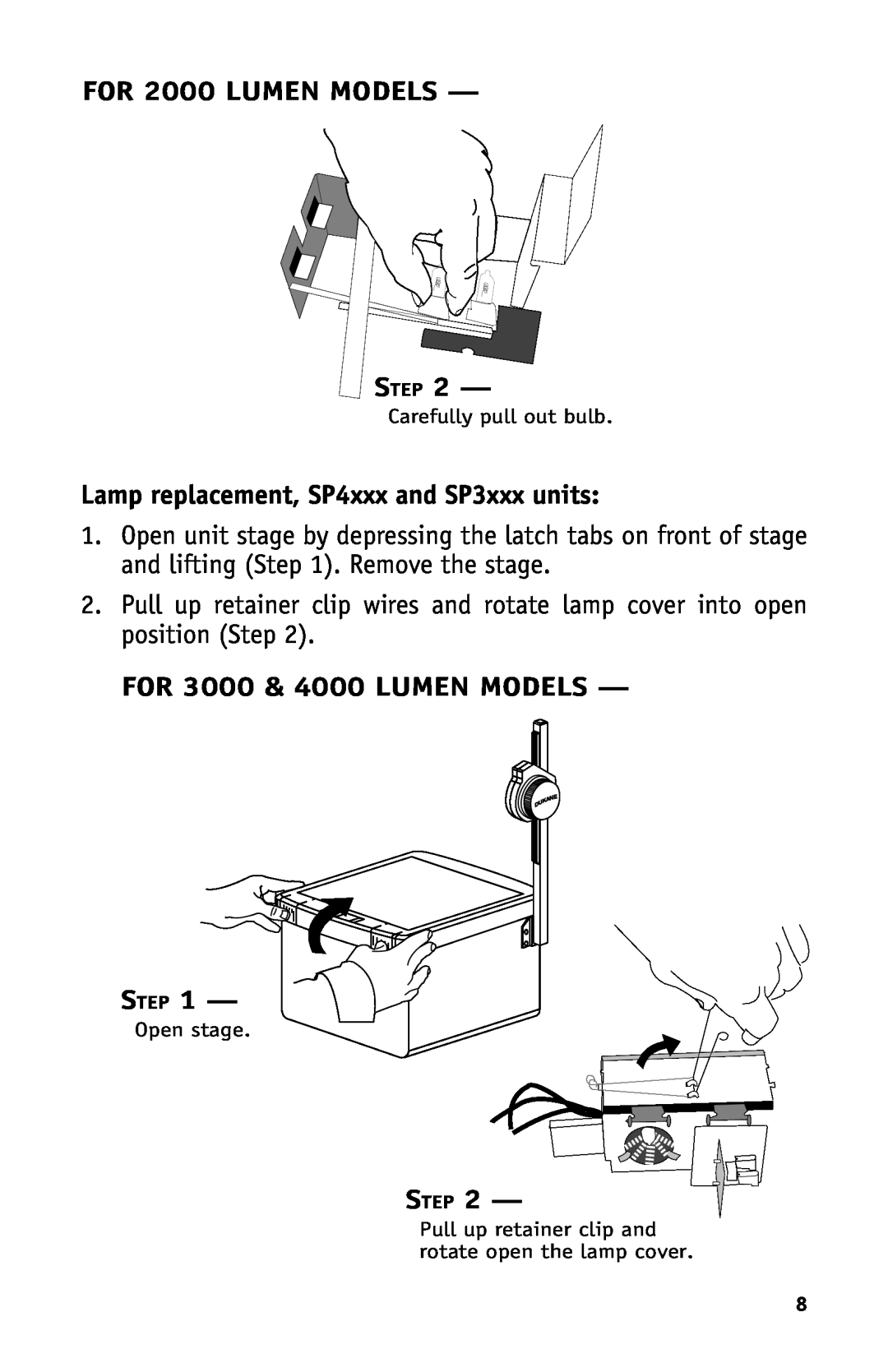 Dukane Projectors manual Lamp replacement, SP4xxx and SP3xxx units, FOR 3000 & 4000 LUMEN MODELS STEP, Step, Open stage 