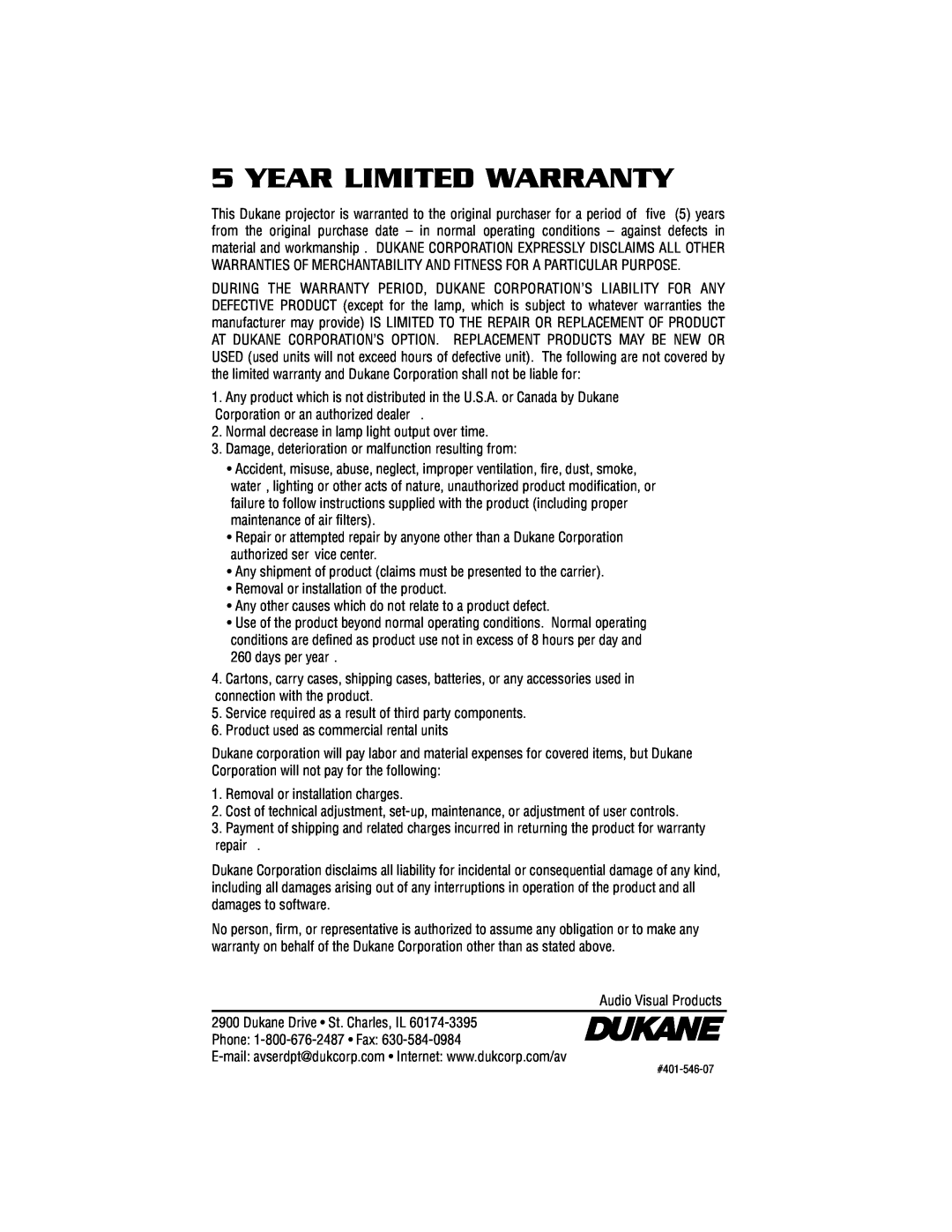 Dukane Projectors manual Year Limited Warranty 