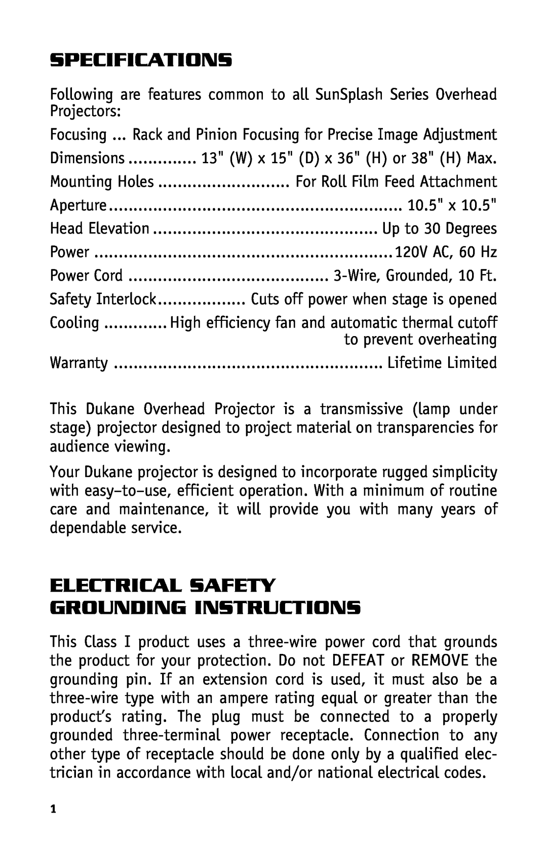 Dukane Projectors manual Specifications, Electrical Safety Grounding Instructions 
