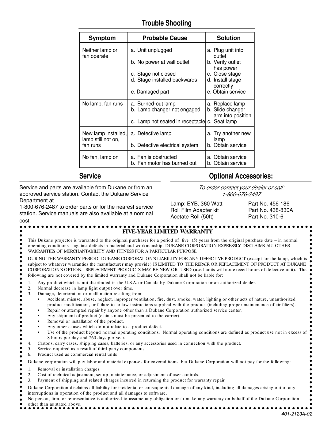 Dukane SP2123A, 2223A important safety instructions Trouble Shooting, Service Optional Accessories 